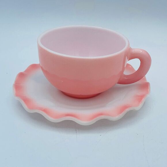 2 Vintage Hazel Atlas Ruffled Saucers Pink Ripple Crinoline Cups Milk Glass - Picture 4 of 12